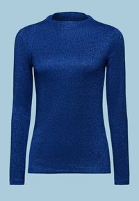 Haut bleu à manches longues fabriqué dans un matériau brillant et texturé. Il présente un col haut et une silhouette ajustée, avec une finition lisse et des coutures minimales.