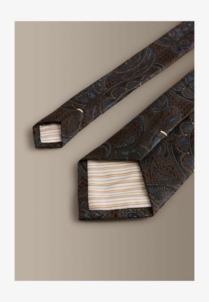 Mørk mønstret slips med indviklet paisley-design på en rig brun baggrund, med en lys stribet foring. Glat tekstur.