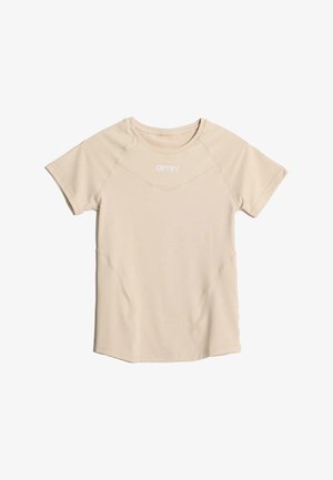 Light beige short-sleeve t-shirt made of soft fabric. Features a round neck, logo on the front, and angled seams for a fitted look.