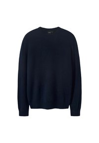 Granatowy sweter z miękkiego materiału, z okrągłym dekoltem i długimi rękawami, o luźnym kroju i prostym designie.
