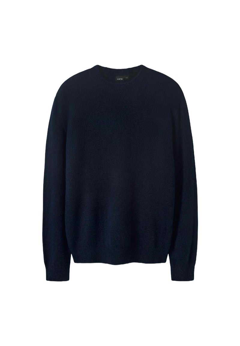 Granatowy sweter z miękkiego materiału, z okrągłym dekoltem i długimi rękawami, o luźnym kroju i prostym designie.