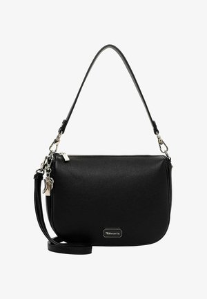 Schwarze Umhängetasche mit einer strukturierten Oberfläche aus Kunstleder. Verfügt über einen Reißverschluss, einen verstellbaren Riemen und metallische Akzente. Logo sichtbar.