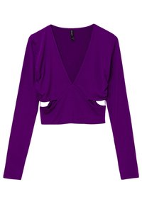 Crop top viola con maniche lunghe e scollatura a V profonda, dettagli arricciati sui lati e ritaglio in vita, realizzato in tessuto morbido.