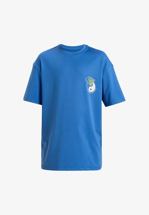 Blauw T-shirt met korte mouwen en ronde hals, met een klein geel-wit abstract beeld op de linkerborst.