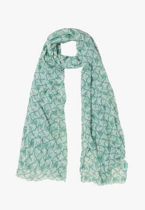 Lyseblågrøn tørklæde med hvid ginkgo-blad mønster, løst foldet med en stoffetiket i den ene ende, vist på en hvid baggrund.