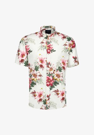 Biała koszula na krótki rękaw z guzikami, z różowym i czerwonym kwiatowym nadrukiem oraz zielonymi liśćmi, z kołnierzykiem stojącym i przednią kieszenią.