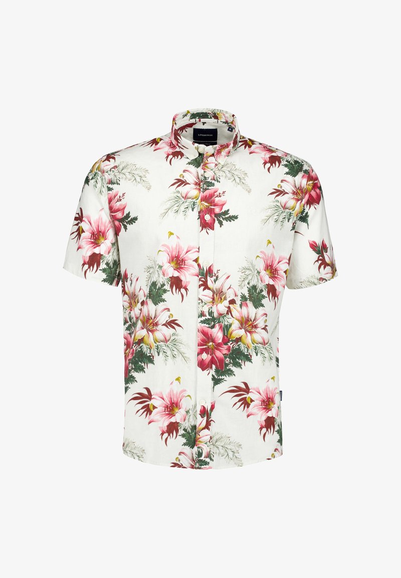 Camicia bianca a maniche corte con bottoni, stampa floreale rosa e rossa con foglie verdi, con colletto alla coreana e tasca frontale.