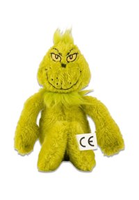 Green plush toy of a character with yellow eyes, stitched facial features, and a tuft of hair. Includes a tag with "CE."