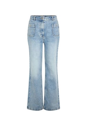Jean en denim bleu clair taille haute avec poches plaquées à l'avant et jambe légèrement évasée, fermeture par bouton et zip à la taille.