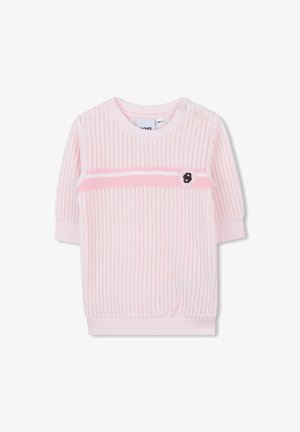 Light pink ribbed sweater with a round neck, long sleeves, a horizontal stripe in darker pink, and a black logo detail on the front.