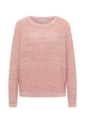 Pull en maille à manches longues avec col rond en fil chiné rose et crème, avec poignets et ourlet côtelés.