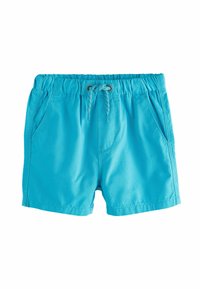 Pantaloni da bagno turchesi con vita elastica, chiusura con cordino e tasche laterali. Tessuto liscio e leggero con un design a tinta unita.