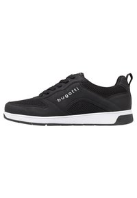 Black athletic shoe with a mesh and smooth leather upper, white midsole, lace-up front, and "bugatti" logo on the side.