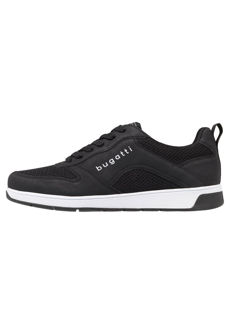 Black athletic shoe with a mesh and smooth leather upper, white midsole, lace-up front, and "bugatti" logo on the side.