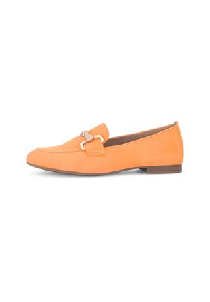 Orange suede loafers feature a flat sole, a smooth texture, and a decorative silver buckle on the upper for added detail.
