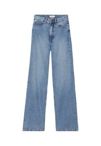 Jeans en denim bleu clair à jambes larges, dotés d'un design classique à cinq poches, de coutures visibles et d'une fermeture à bouton.