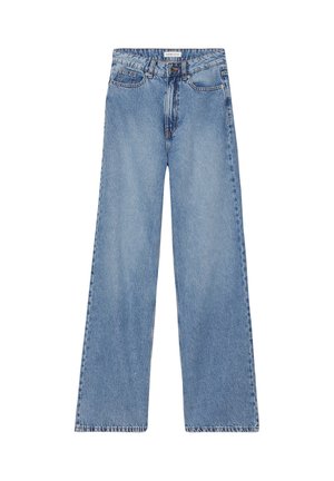 Hellblaue, weite Jeans aus Denim, die ein klassisches Fünf-Taschen-Design, sichtbare Nähte und einen Knopfverschluss aufweisen.