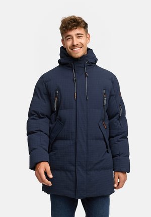 Marineblauer Pufferjacke mit gestepptem Textil, Reißverschlusstaschen, verstellbarem Kapuze und Kordeln. Sie bietet einen sicheren Verschluss und warme Isolierung.