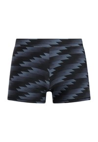 Bañadores negros con estampado que presentan un diseño geométrico de zigzag en tonos azules. Fabricados con un material elástico y suave, con un corte ajustado.