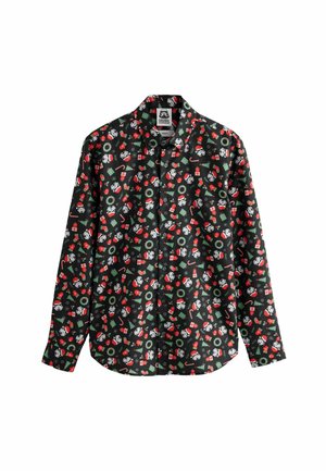 Chemise à manches longues en coton noir avec un motif festif de bonhommes de neige, de sapins de Noël, de cadeaux et de cannes en sucre rouges et verts.