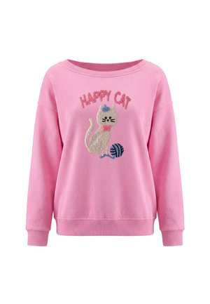 Lyserød sweatshirt med en grå kat, der bærer en blå hat, lyserødt butterfly, blåt garnnøgle og ordene "HAPPY CAT" over katten.