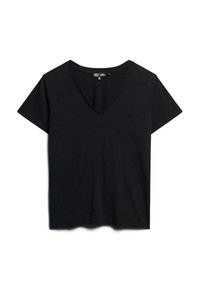 Black V-neck T-shirt made from soft fabric. Short sleeves, relaxed fit, and a small logo on the left chest. Smooth texture without patterns.
