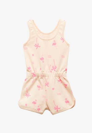 Jasnopomarańczowy kombinezon bez rękawów z różowymi wzorami flamingów i liści palmowych. Elastyczna talia i przewiewna tkanina dla komfortu.
