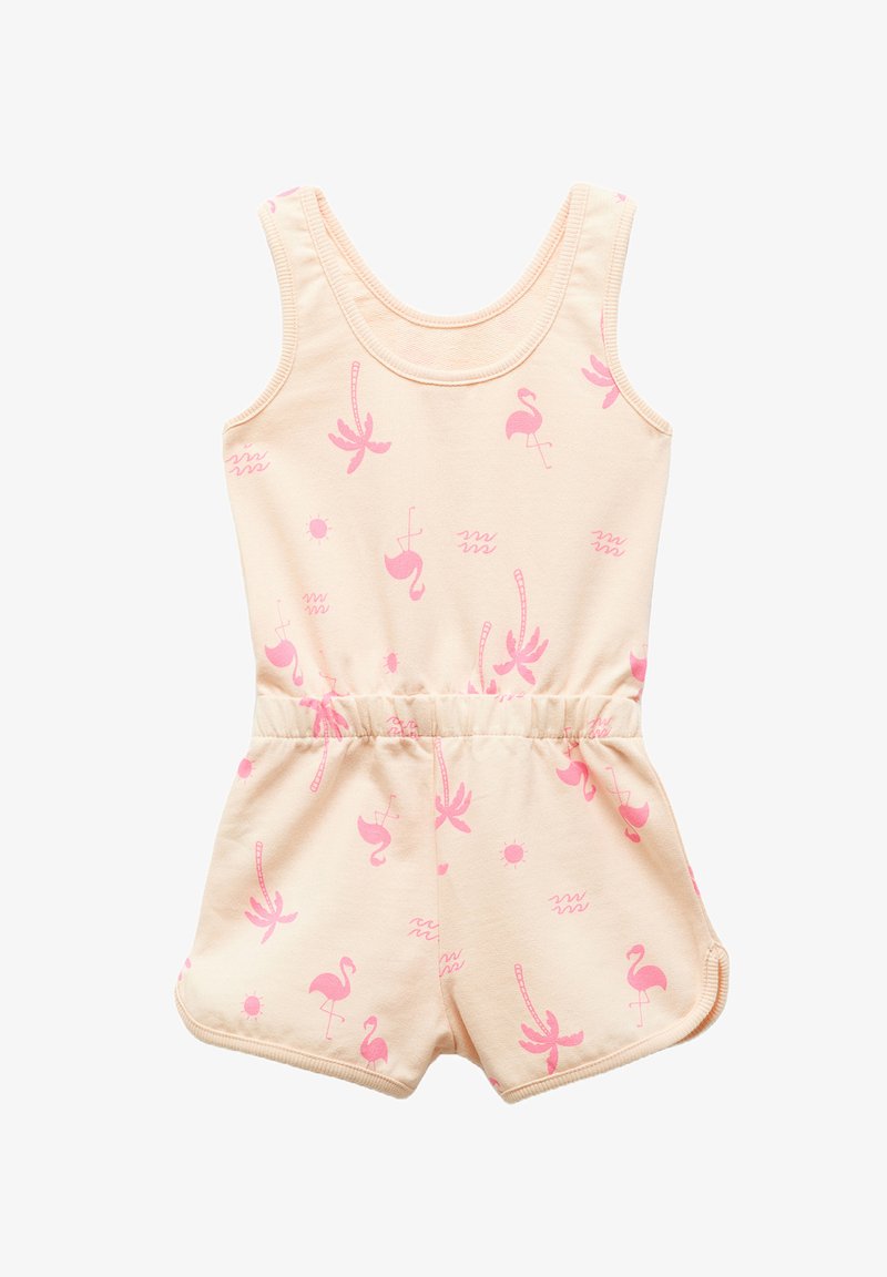 Peach-colored romper with pink flamingo and palm leaf patterns, sleeveless design, elastic waistband, and short legs. Smooth cotton fabric.