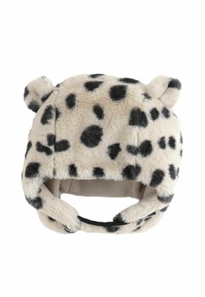 Faux fur hat with leopard print in beige and black, features ear flaps and small ears on top, soft texture and warm interior lining.