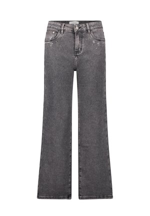 Graue gerade geschnittene Jeans mit hoher Taille, Knopfverschluss, Fronttaschen und kleinen dekorativen Metallnieten um die Taschen und Seiten.