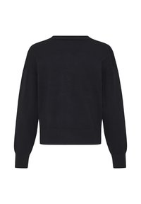 Pull noir en maille avec un col rond, des épaules tombantes et des manches longues. Présente une longueur raccourcie et un ourlet côtelé pour la texture.