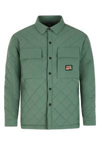 Gequilte groene jas met kraag, voorzien van twee borstzakken, zwarte knopen en een contrasterende logopatch op de linkse zak.