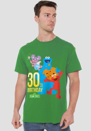 Green cotton t-shirt featuring colorful characters from Sesame Street, including Elmo and Cookie Monster, with "30th Birthday" text in yellow.