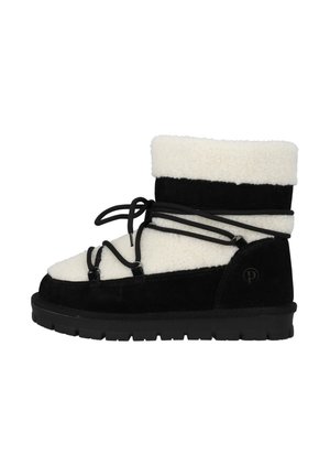 Black and cream ankle boots with fluffy faux fur lining, suede material, adjustable laces, rubber outsole, and marked logo detail.