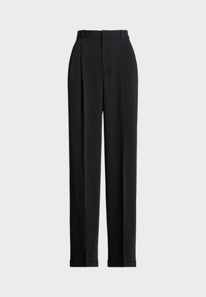 Pantalones negros a medida con una cintura alta, que cuentan con pliegues en la parte delantera, un diseño de pierna recta y dobladillo con vuelta. Fabricados con un tejido suave.