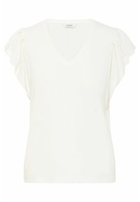White V-neck t-shirt featuring short flutter sleeves, soft texture, and a relaxed fit. Simple design with no patterns or embellishments.