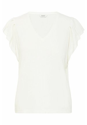 Valge V-kaelusega T-särk, millel on lühikesed libisevad varrukad, pehme tekstuur ja mugav lõige. Lihtne disain, millel pole mustreid ega kaunistusi.