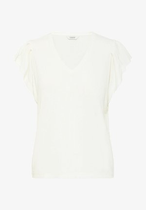 Valge V-kaelusega T-särk, millel on lühikesed libisevad varrukad, pehme tekstuur ja mugav lõige. Lihtne disain, millel pole mustreid ega kaunistusi.