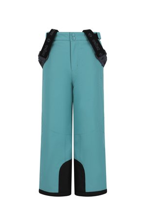 Pantalon de ski bleu clair avec poignets renforcés noirs et bretelles réglables noires avec le logo "ZigZag".