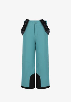 Pantalon de ski bleu clair avec poignets renforcés noirs et bretelles réglables noires avec le logo "ZigZag".