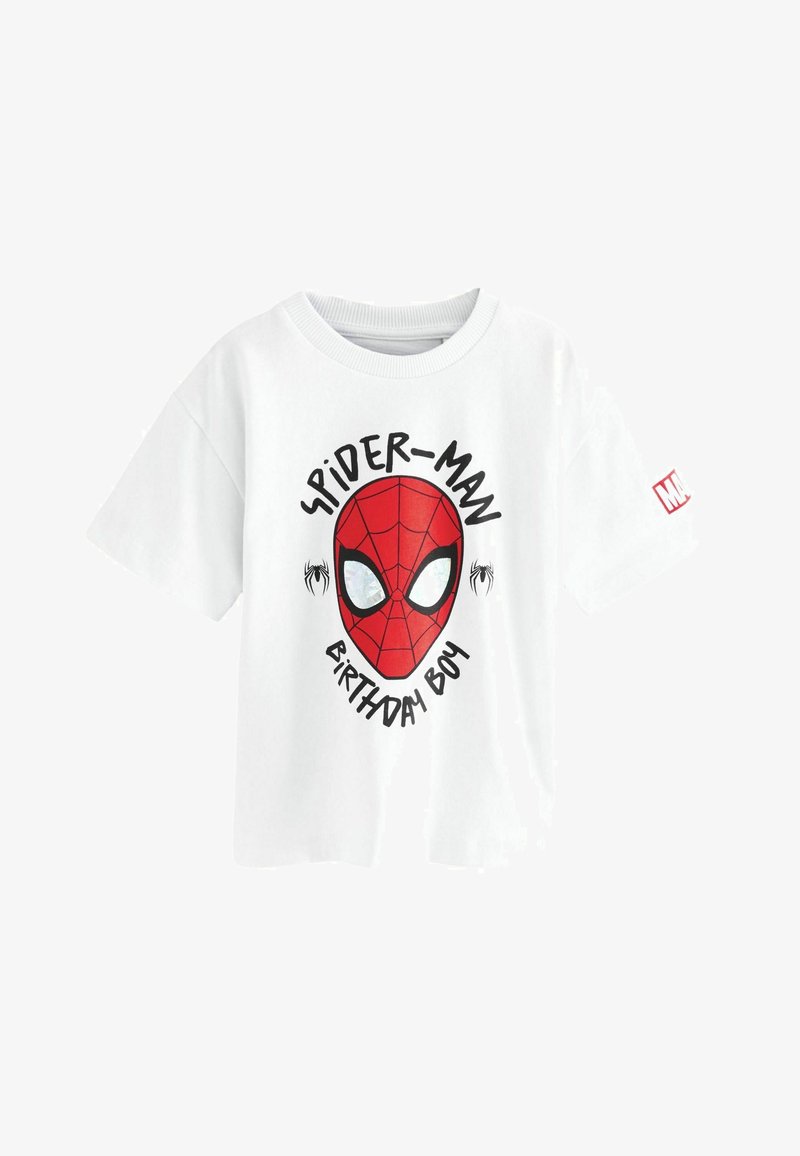 White cotton t-shirt featuring a red Spider-Man mask graphic, "Birthday Boy" text, and black spider icons. Short sleeves and crew neck design.