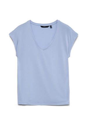 Lys blå kortermet V-hals T-skjorte med en avslappet passform, vist flatt på hvit bakgrunn.