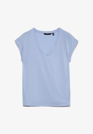 Lys blå kortermet V-hals T-skjorte med en avslappet passform, vist flatt på hvit bakgrunn.
