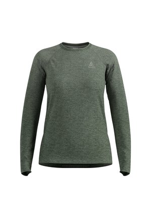 Green long-sleeve performance knit top featuring textured fabric with a gradient pattern. Crew neckline and fitted silhouette.