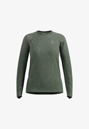 Grünes langärmliges Performance-Knit-Top aus strukturiertem Material mit gradienten Muster. Rundhalsausschnitt und taillierte Silhouette.