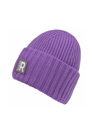 Purple knit beanie with ribbed texture, fold-over cuff, and a small rectangular label with "R" in a contrasting color.