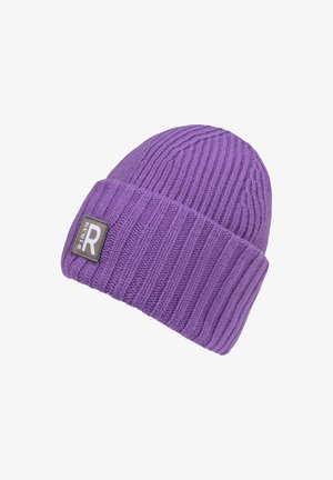 Purple knit beanie with ribbed texture, fold-over cuff, and a small rectangular label with "R" in a contrasting color.
