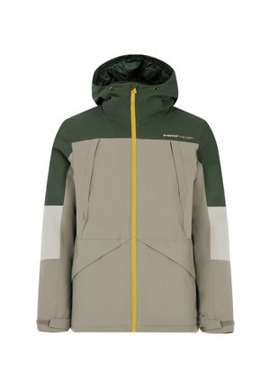 Hooded jacket in groen, beige en wit. Heeft een ritssluiting met een gele rits, gestructureerde stof en hoekige ontwerplijnen.