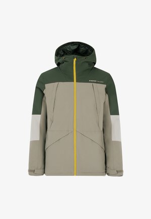 Hooded jacket in groen, beige en wit. Heeft een ritssluiting met een gele rits, gestructureerde stof en hoekige ontwerplijnen.