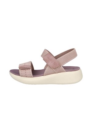 Sandalia abierta de color malva claro con correas ajustables y suela blanca acolchada, diseñada para comodidad y uso informal.